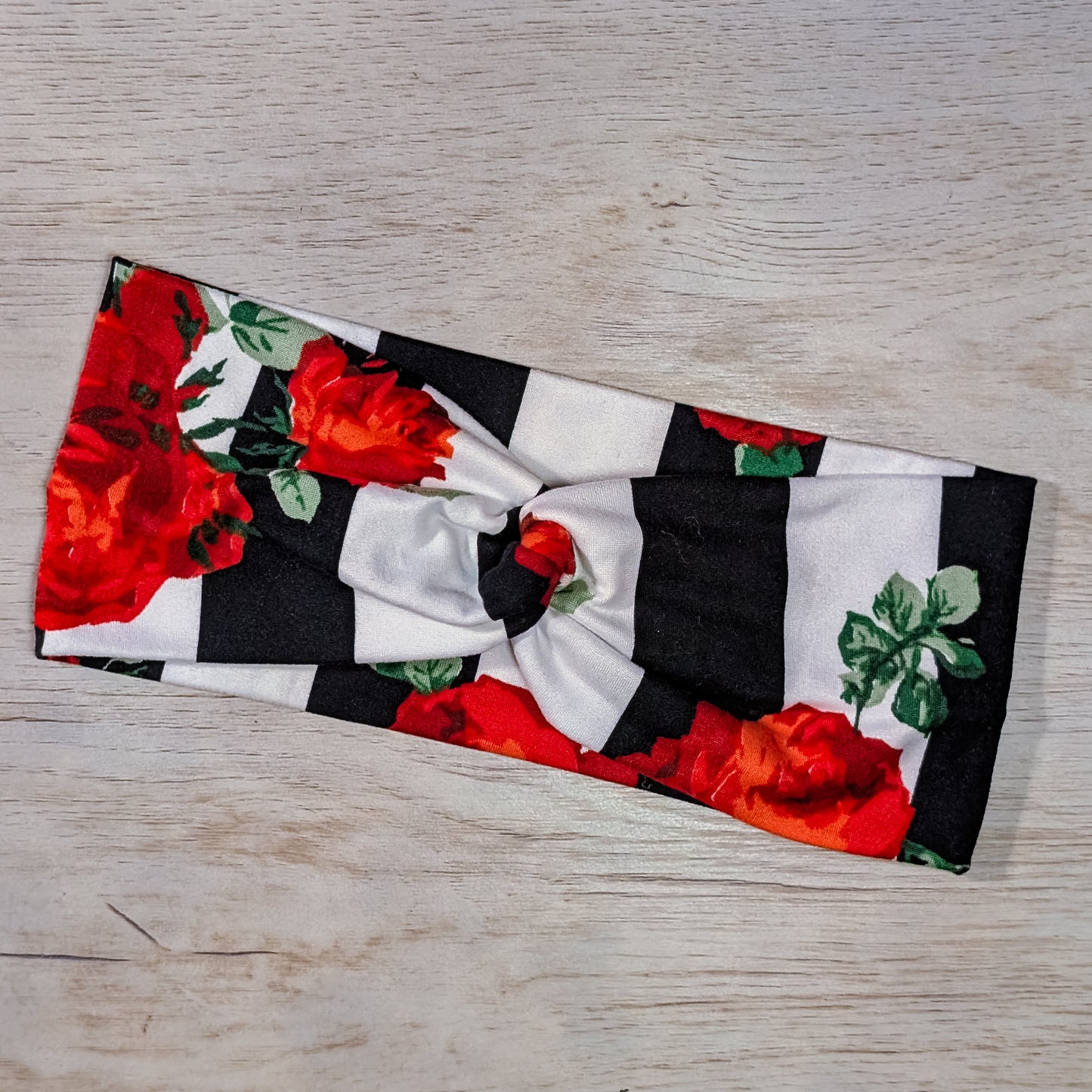 Red Floral on Wide Black and White Stripes Knotem