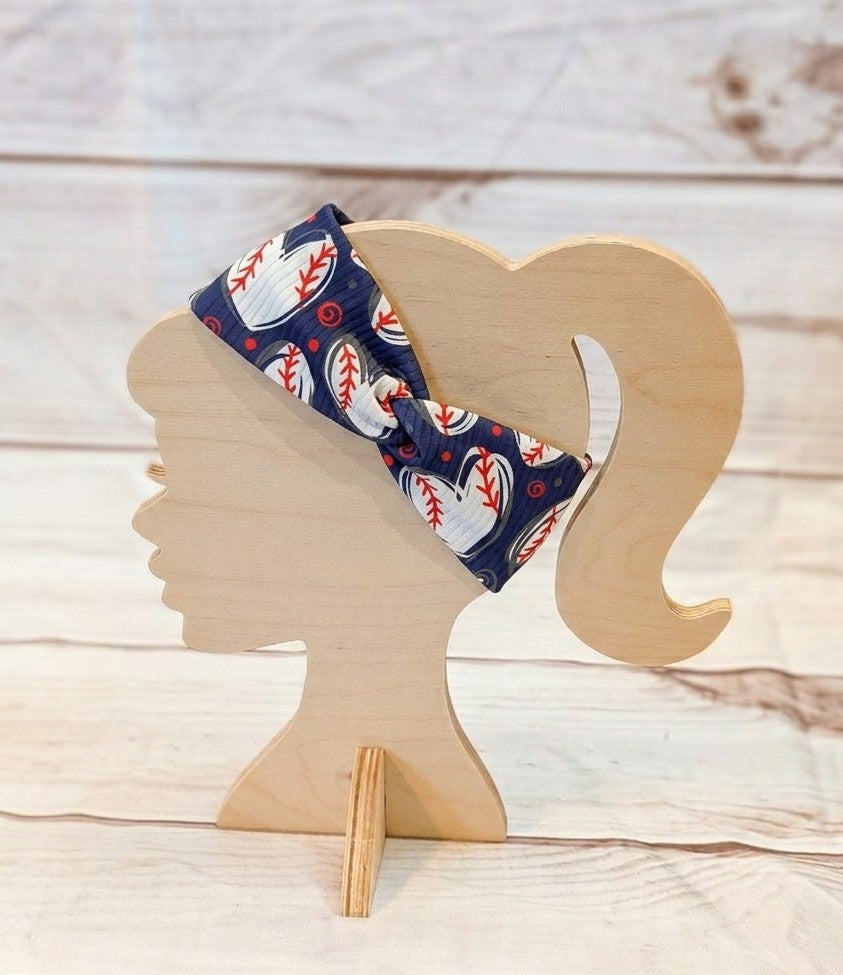 Baseball Hearts Navy Knotems Pre-Tied Headwrap Headbands for Women & Girls