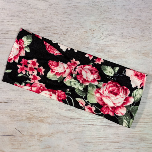 Red and Green Floral on Black Knotem
