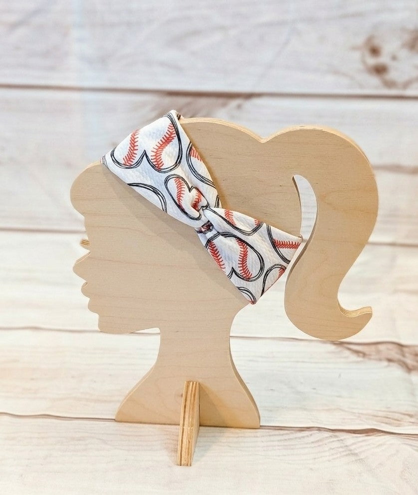 Baseball Hearts White Knotems Pre-Tied Headwrap Headbands for Women & Girls